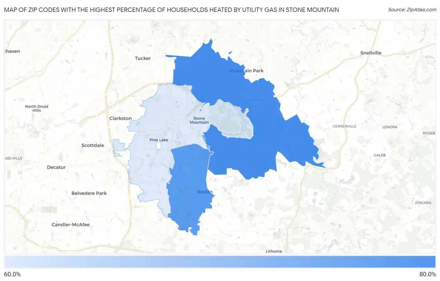 Zip Codes with the Highest Percentage of Households Heated by Utility Gas in Stone Mountain Map