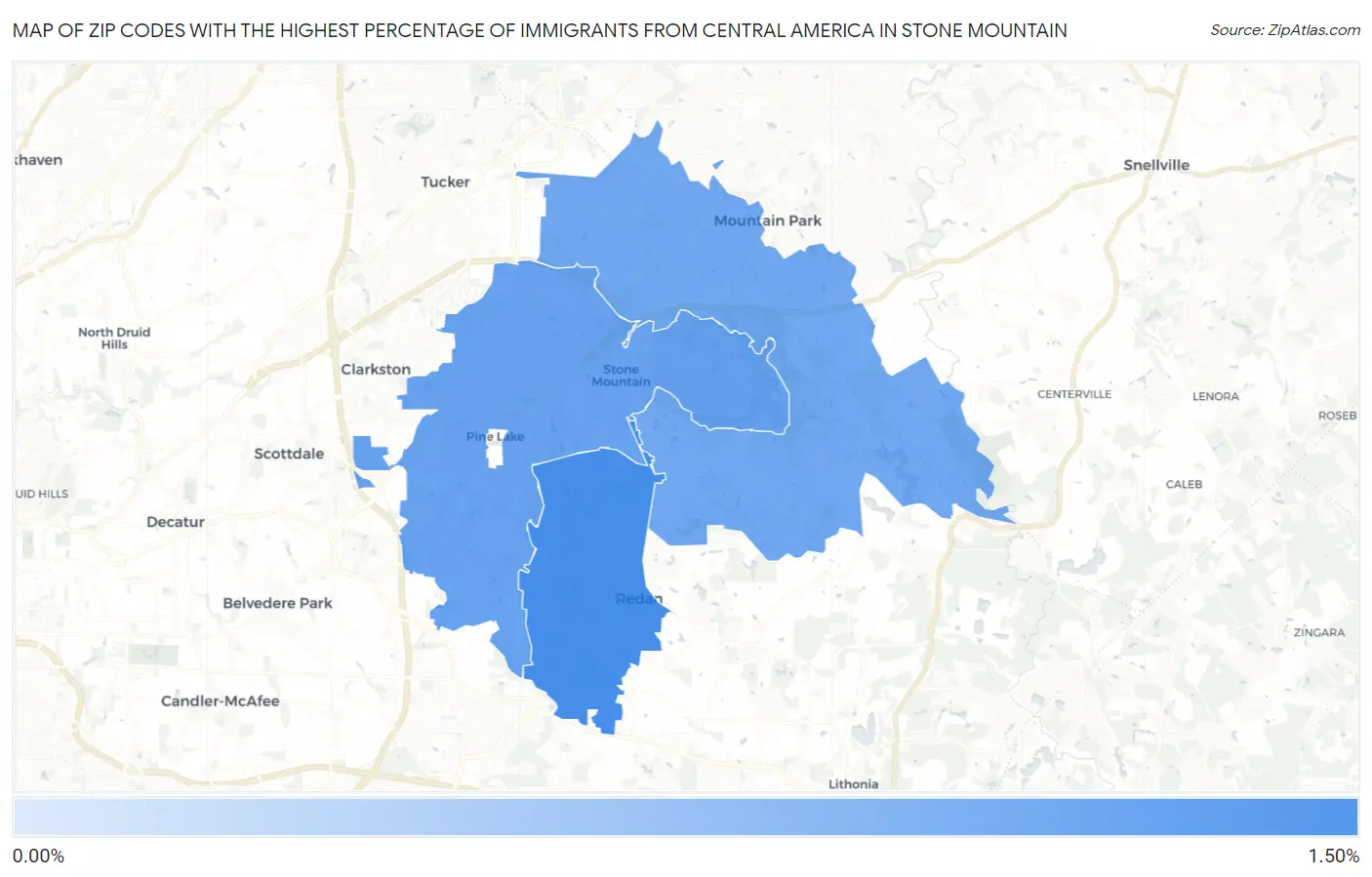 Zip Codes with the Highest Percentage of Immigrants from Central America in Stone Mountain Map