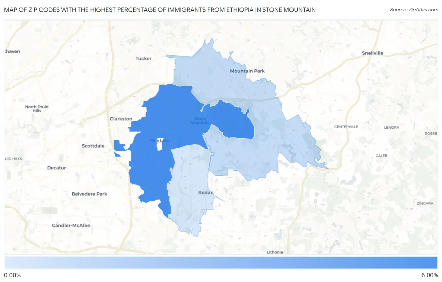 Zip Codes with the Highest Percentage of Immigrants from Ethiopia in Stone Mountain Map