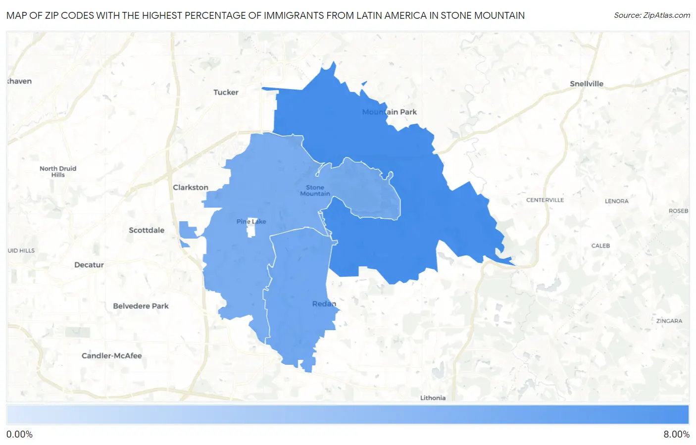 Zip Codes with the Highest Percentage of Immigrants from Latin America in Stone Mountain Map
