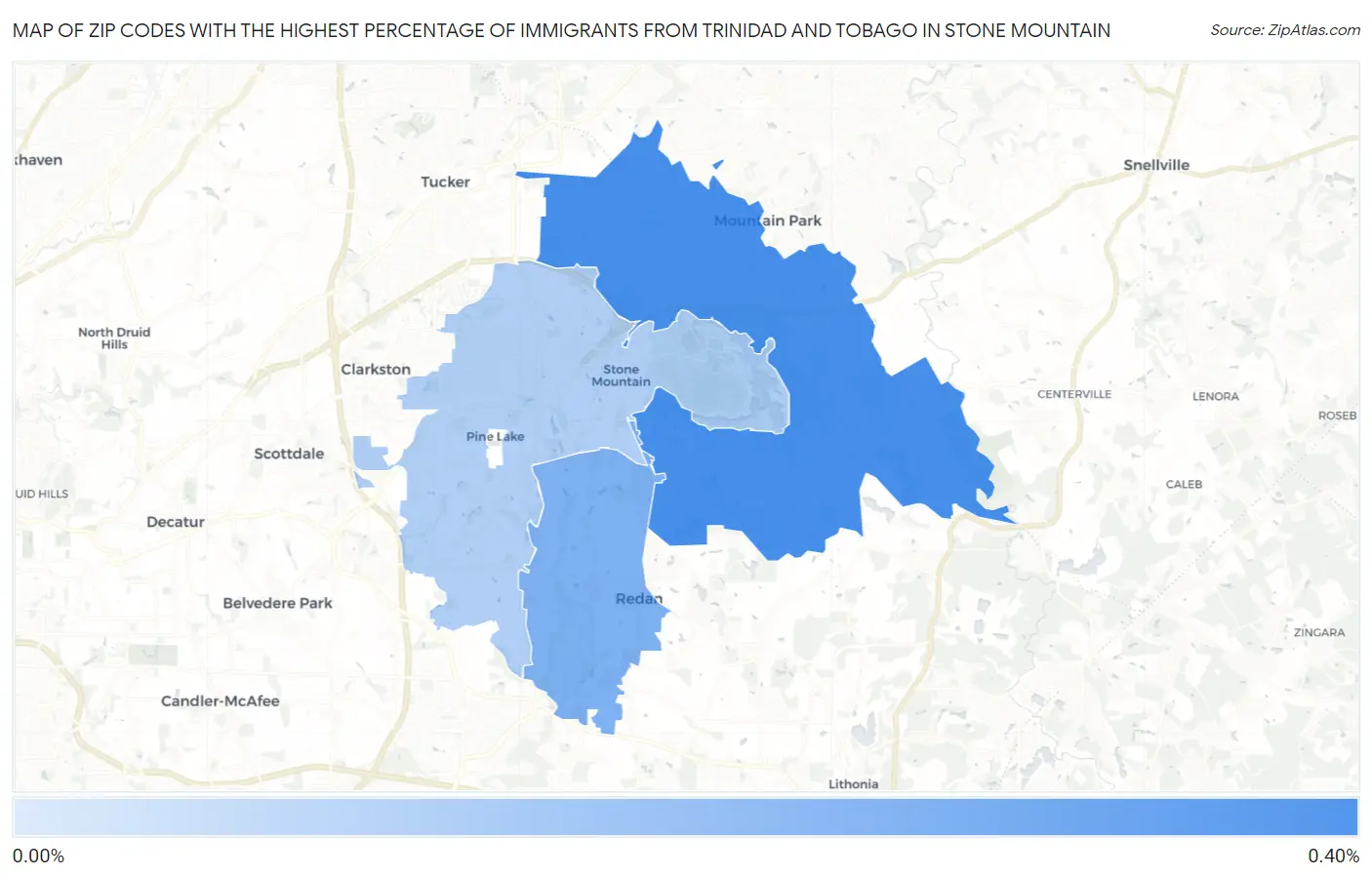 Zip Codes with the Highest Percentage of Immigrants from Trinidad and Tobago in Stone Mountain Map