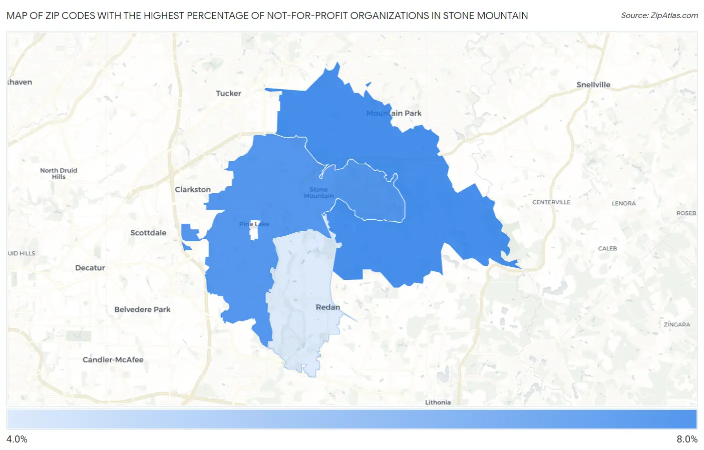 Zip Codes with the Highest Percentage of Not-for-profit Organizations in Stone Mountain Map