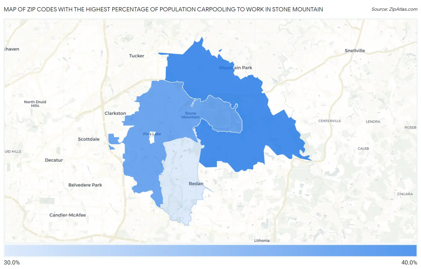 Zip Codes with the Highest Percentage of Population Carpooling to Work in Stone Mountain Map