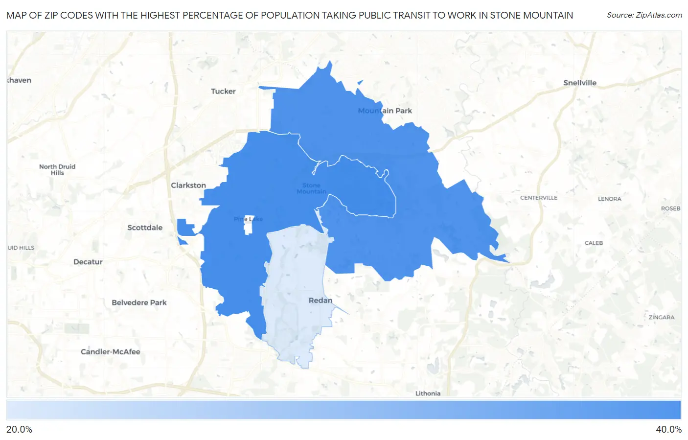 Zip Codes with the Highest Percentage of Population Taking Public Transit to Work in Stone Mountain Map