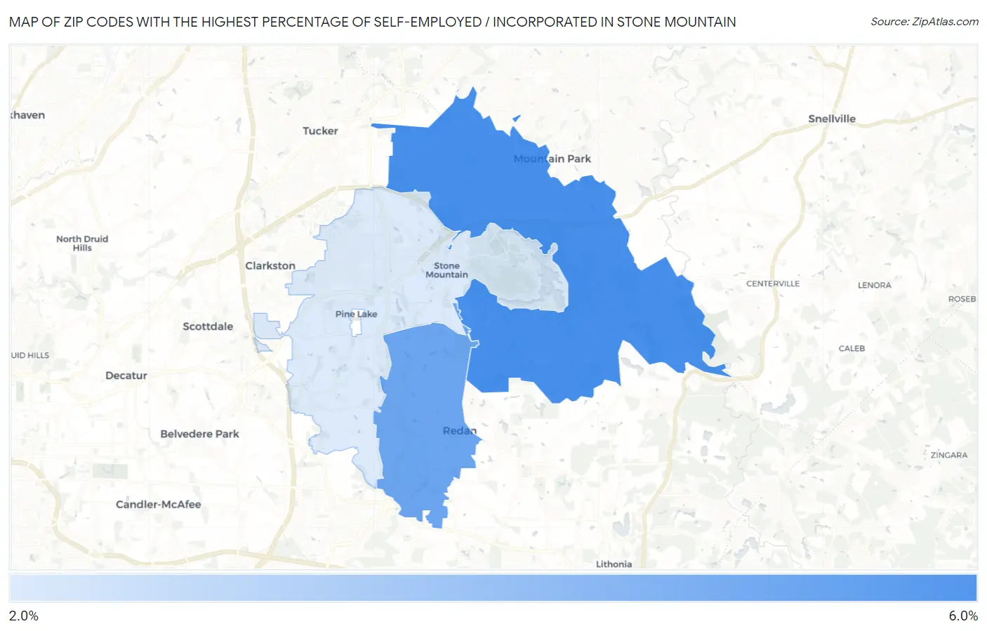 Zip Codes with the Highest Percentage of Self-Employed / Incorporated in Stone Mountain Map