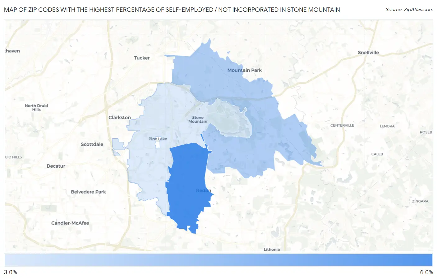 Zip Codes with the Highest Percentage of Self-Employed / Not Incorporated in Stone Mountain Map