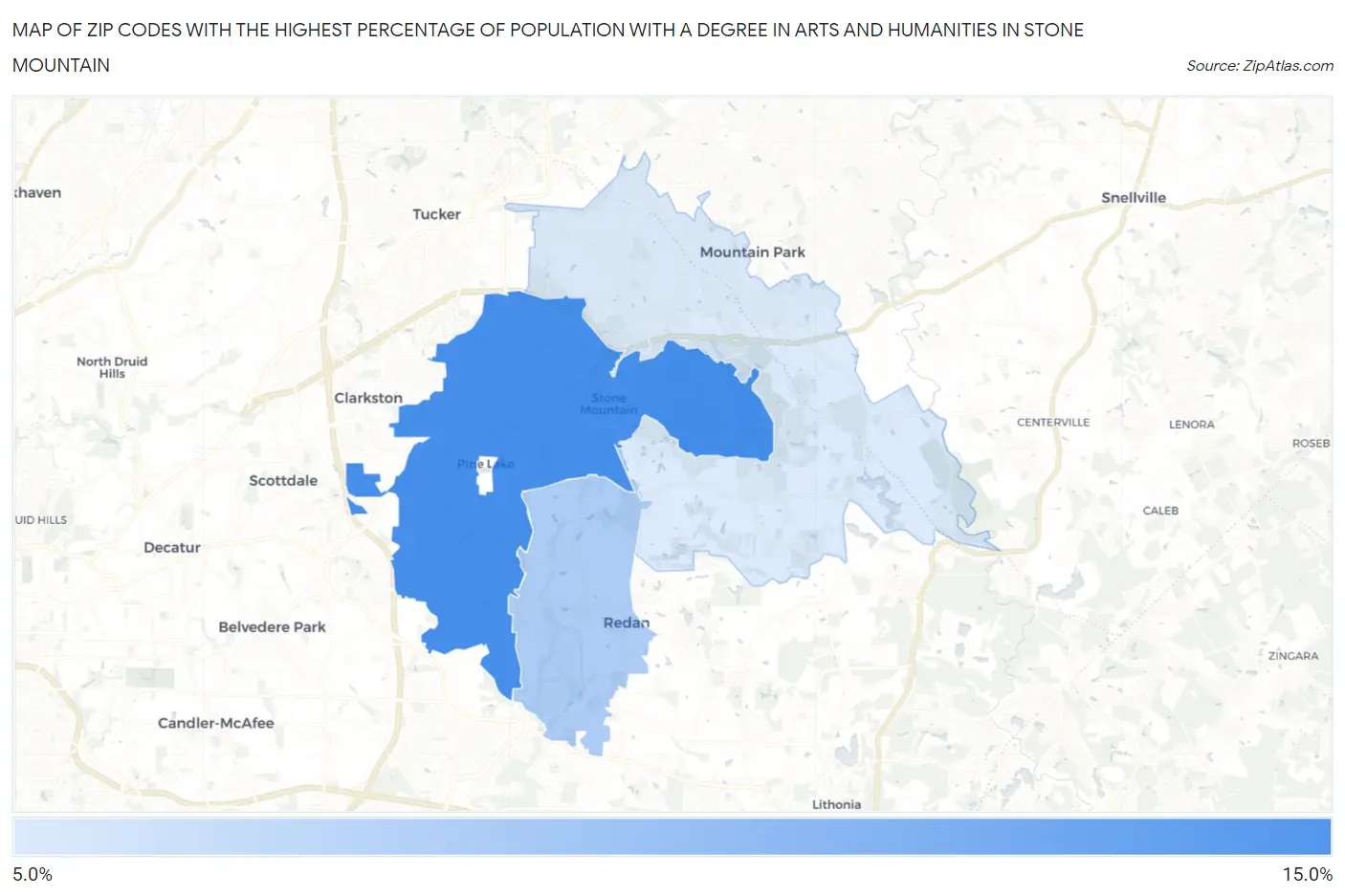 Zip Codes with the Highest Percentage of Population with a Degree in Arts and Humanities in Stone Mountain Map