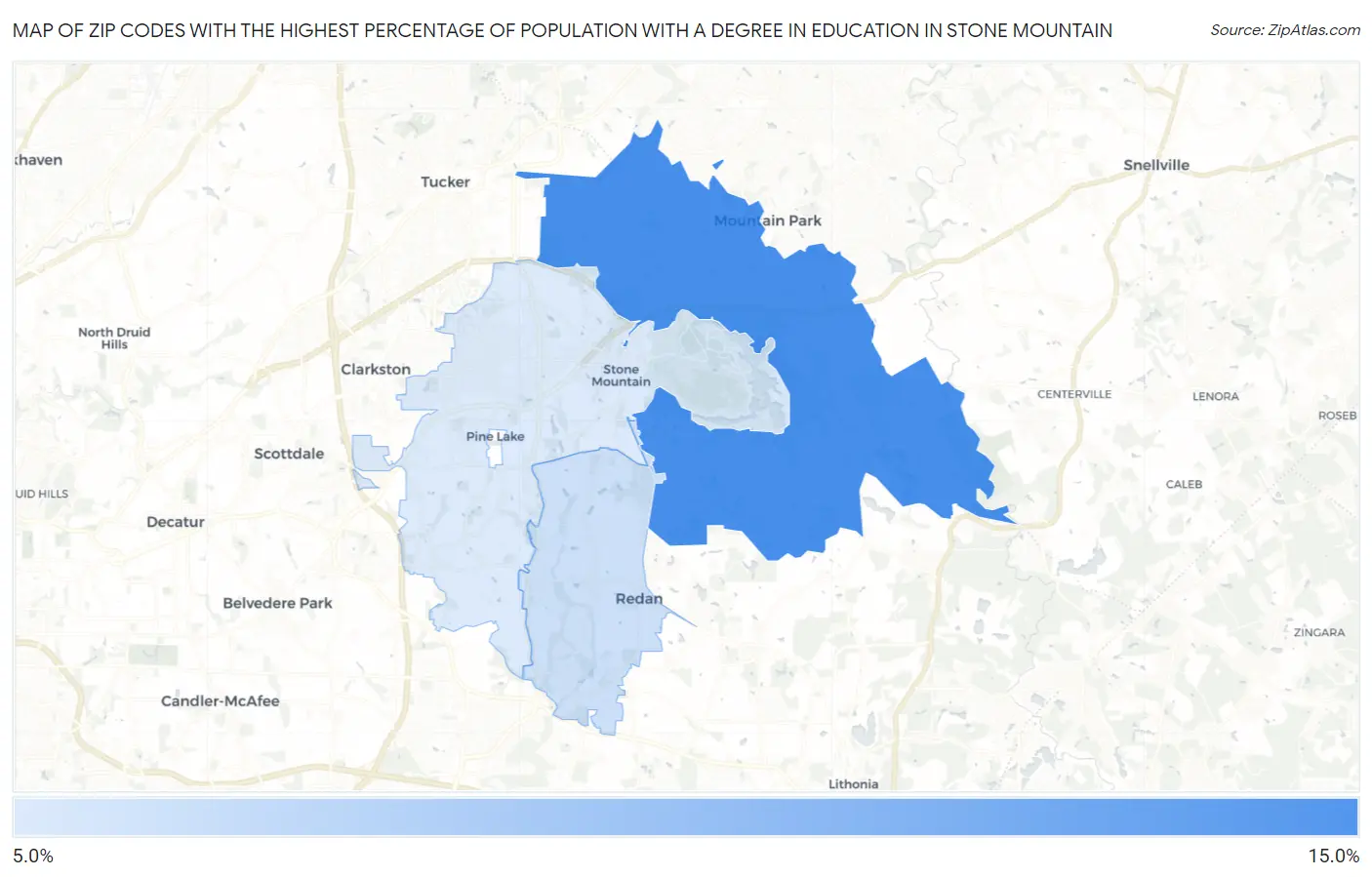 Zip Codes with the Highest Percentage of Population with a Degree in Education in Stone Mountain Map