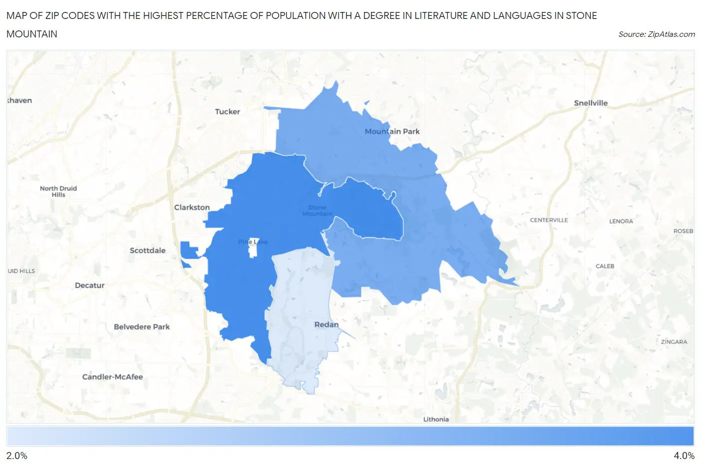 Zip Codes with the Highest Percentage of Population with a Degree in Literature and Languages in Stone Mountain Map