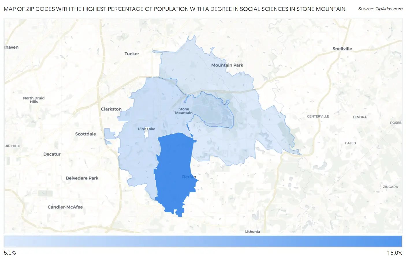 Zip Codes with the Highest Percentage of Population with a Degree in Social Sciences in Stone Mountain Map
