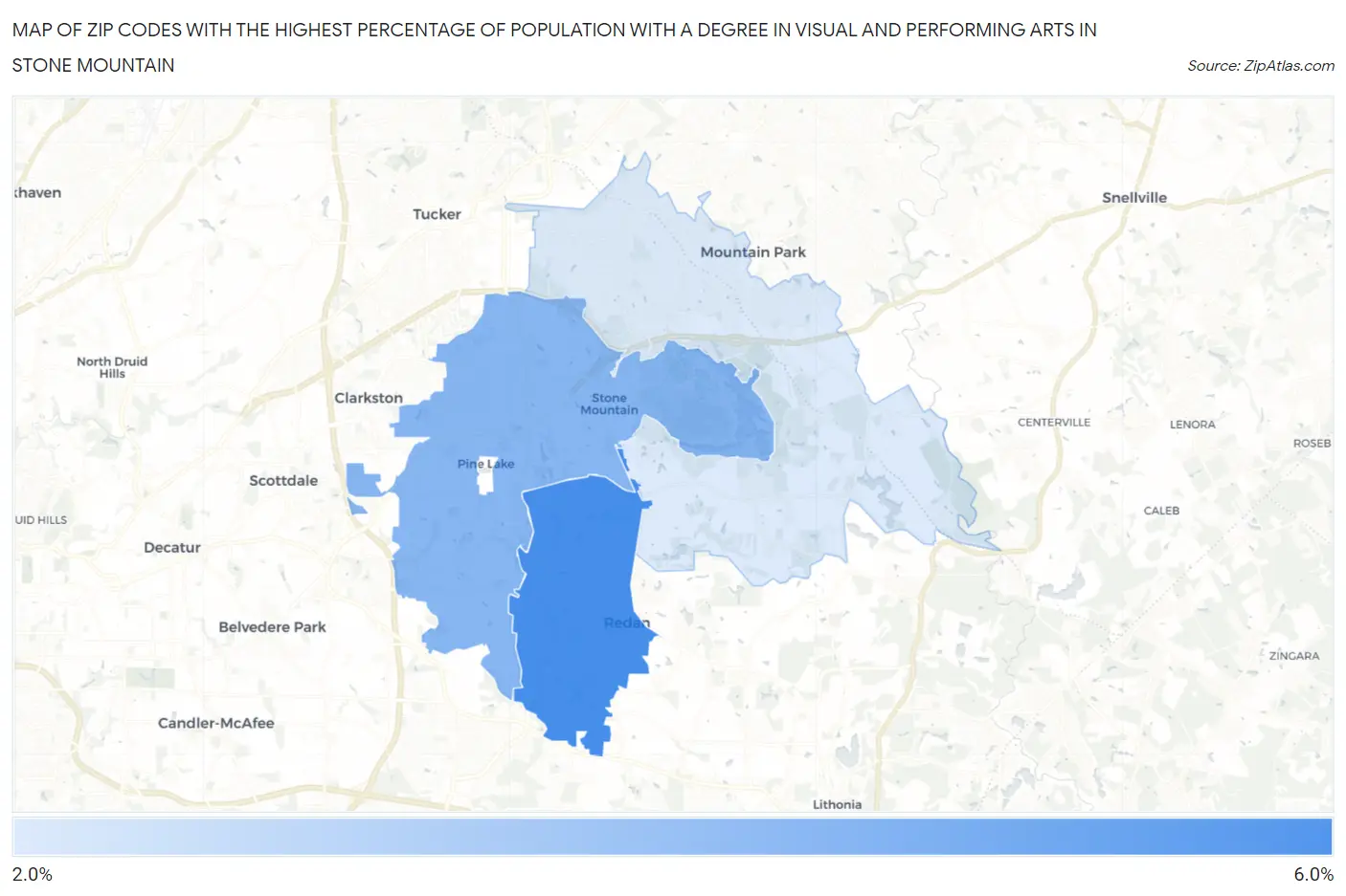 Zip Codes with the Highest Percentage of Population with a Degree in Visual and Performing Arts in Stone Mountain Map