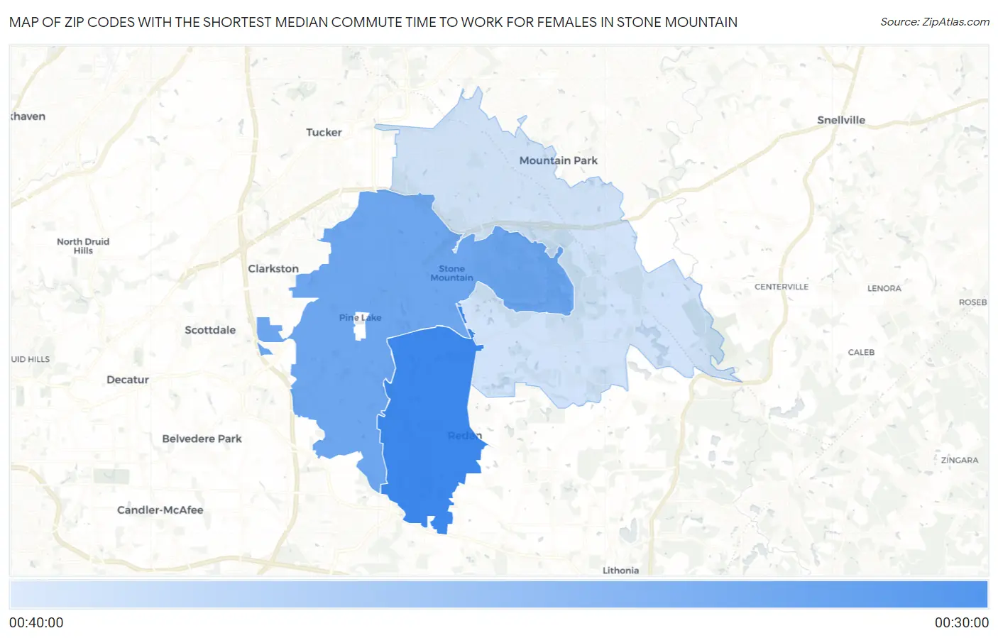 Zip Codes with the Shortest Median Commute Time to Work for Females in Stone Mountain Map