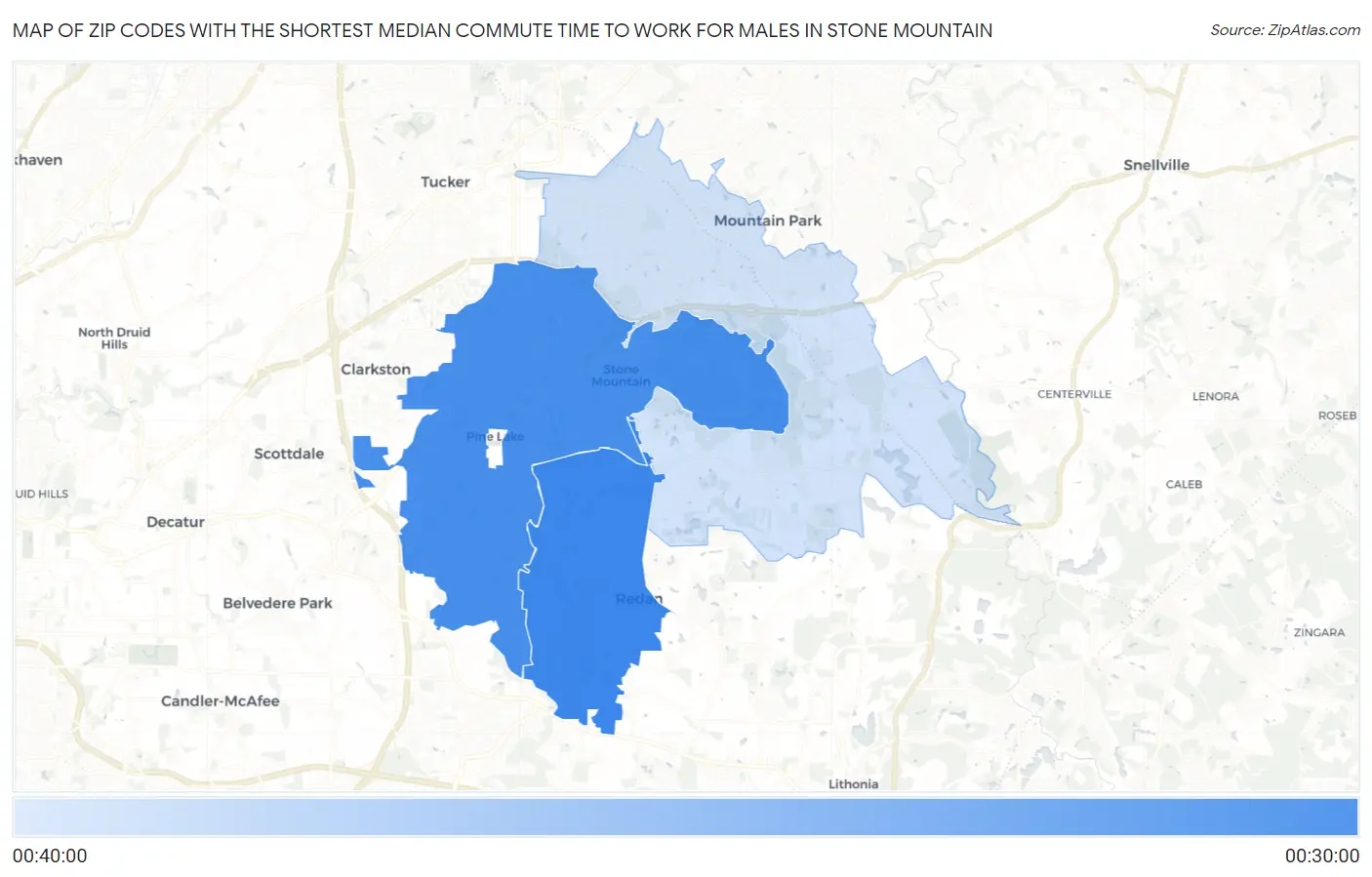 Zip Codes with the Shortest Median Commute Time to Work for Males in Stone Mountain Map