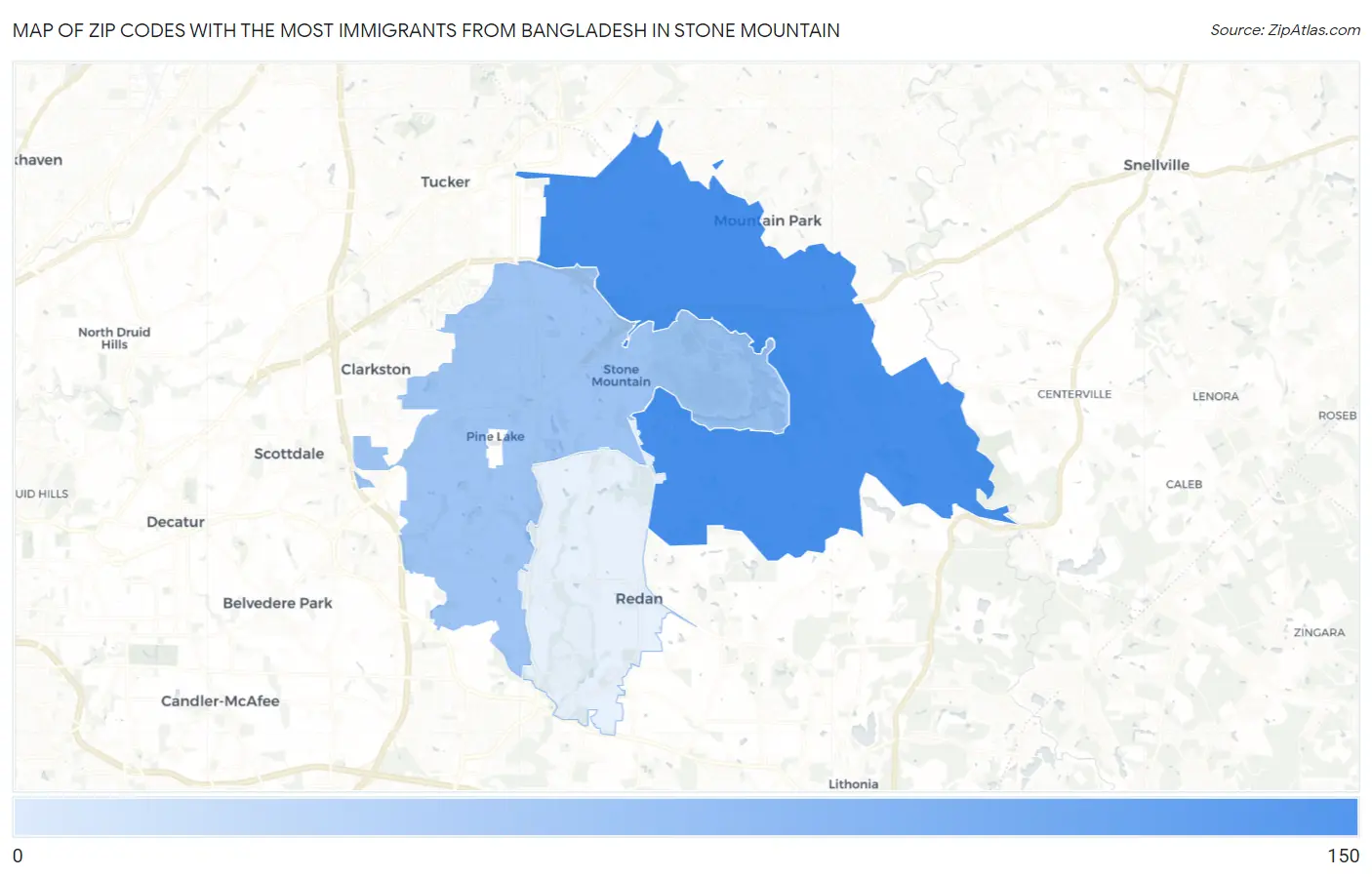 Zip Codes with the Most Immigrants from Bangladesh in Stone Mountain Map
