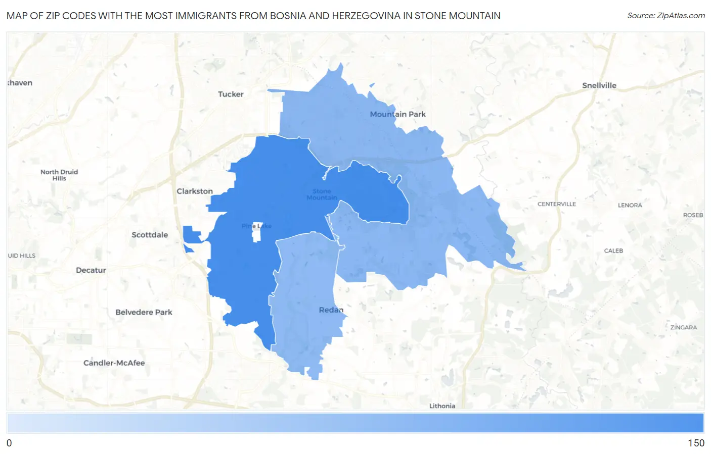 Zip Codes with the Most Immigrants from Bosnia and Herzegovina in Stone Mountain Map