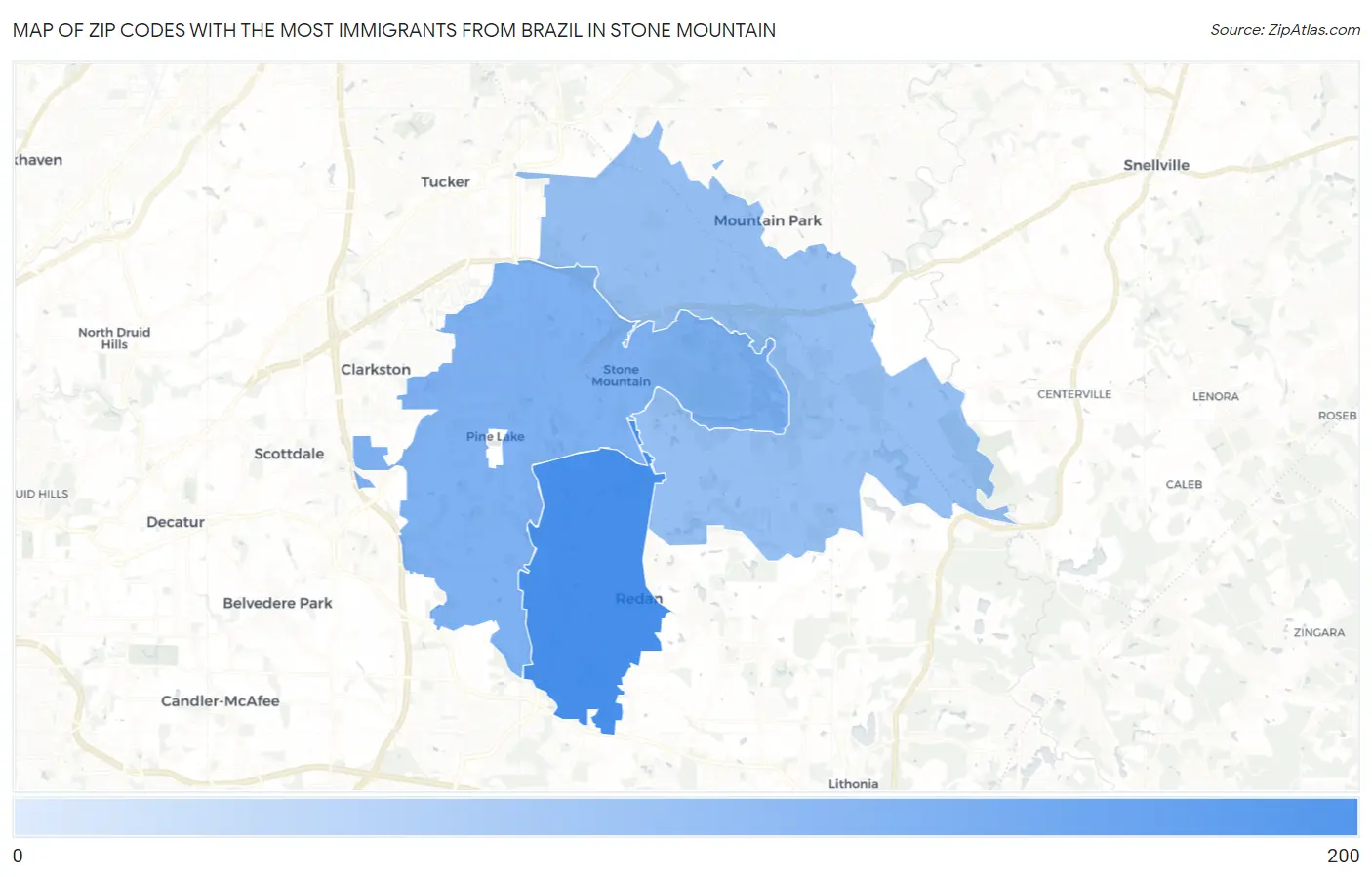 Zip Codes with the Most Immigrants from Brazil in Stone Mountain Map