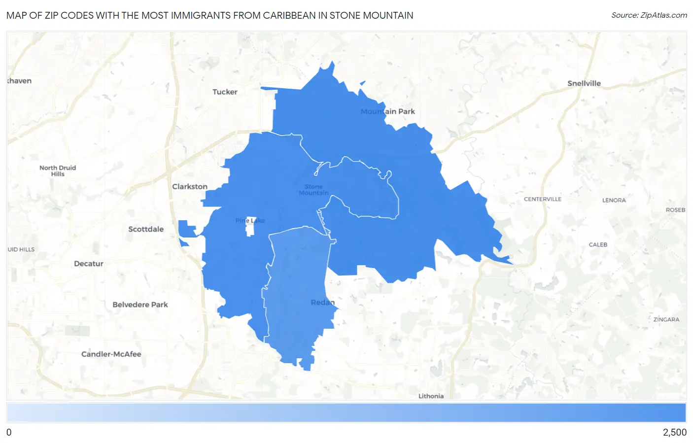 Zip Codes with the Most Immigrants from Caribbean in Stone Mountain Map
