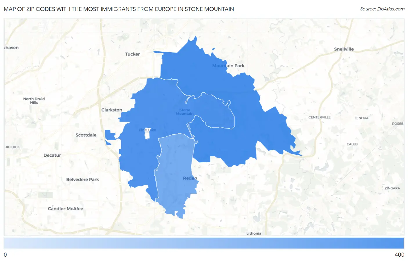 Zip Codes with the Most Immigrants from Europe in Stone Mountain Map
