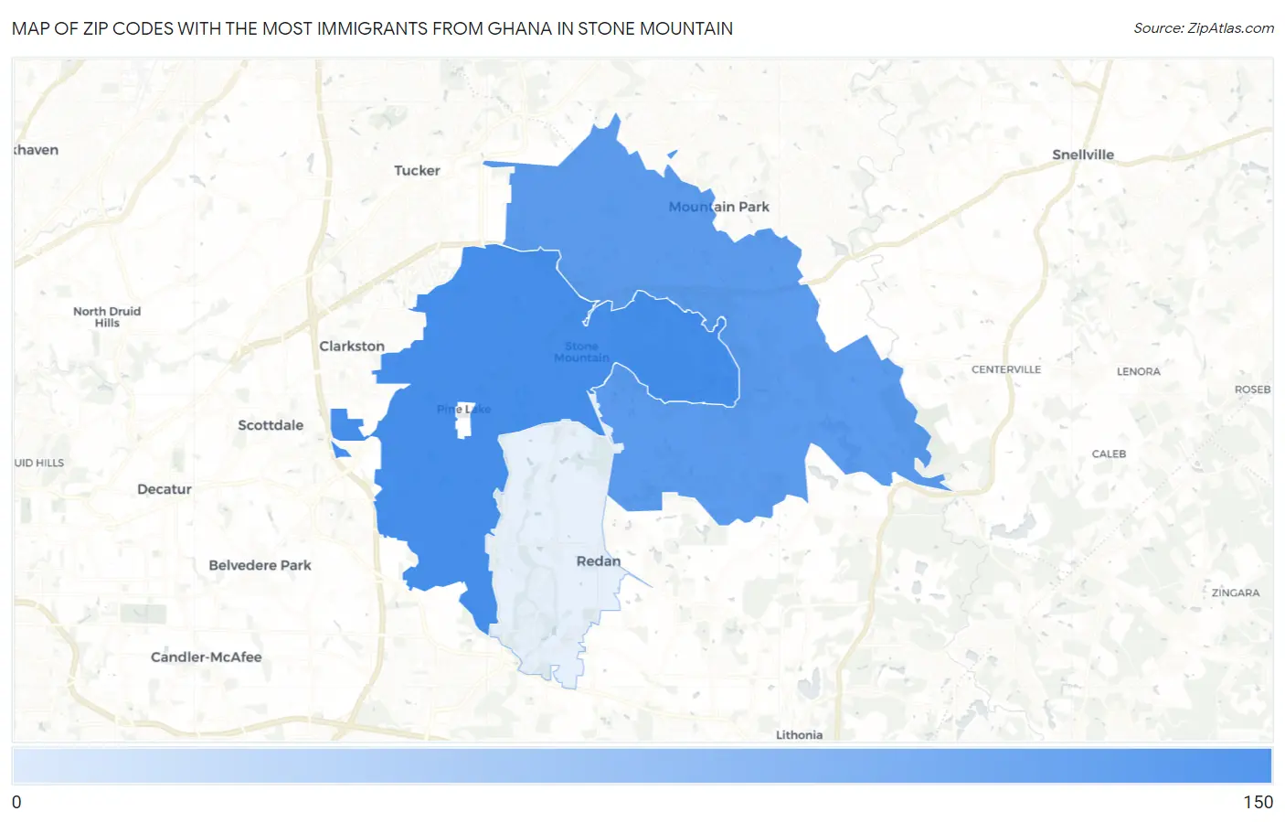Zip Codes with the Most Immigrants from Ghana in Stone Mountain Map
