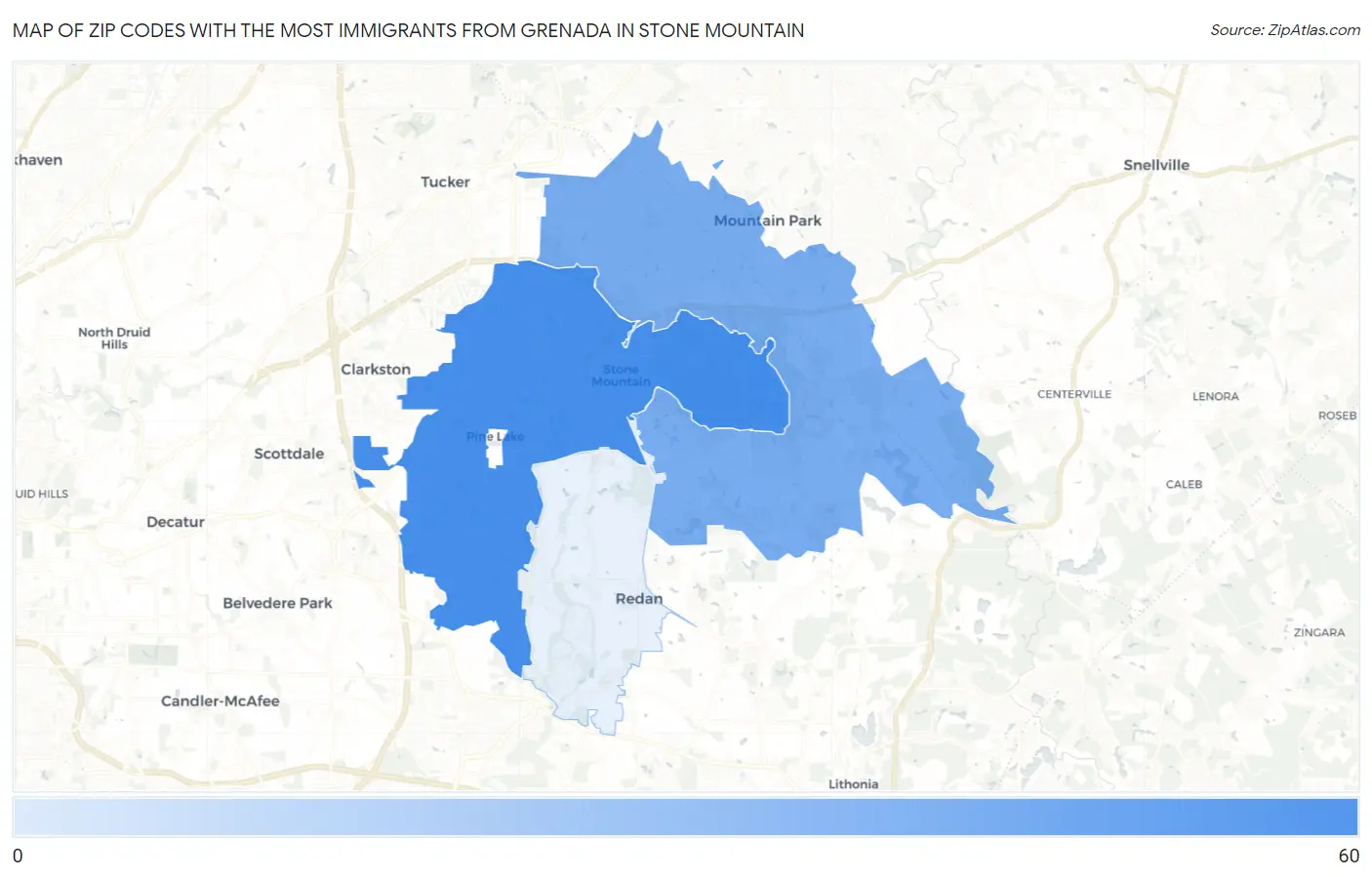 Zip Codes with the Most Immigrants from Grenada in Stone Mountain Map