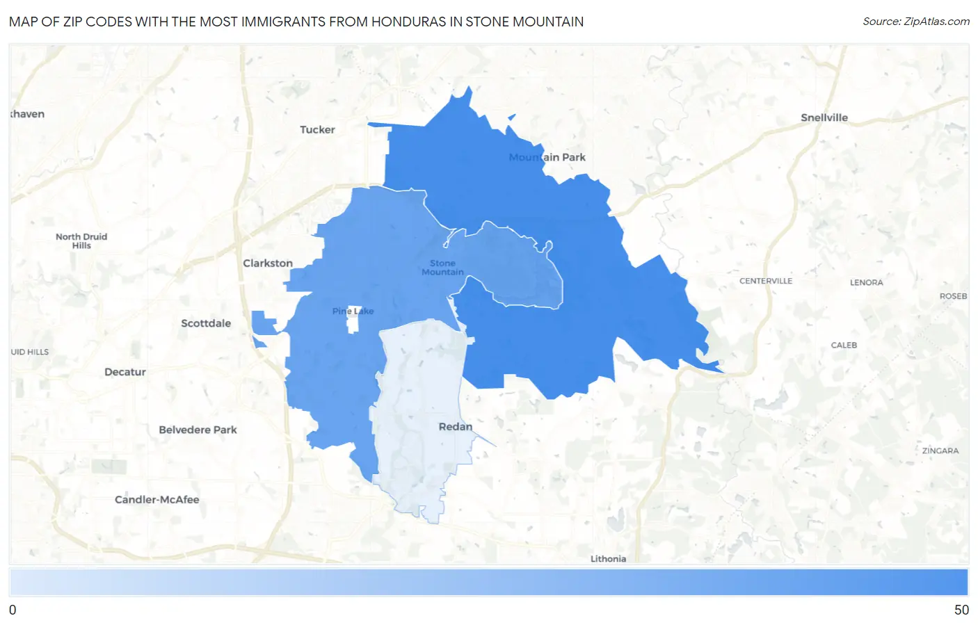 Zip Codes with the Most Immigrants from Honduras in Stone Mountain Map