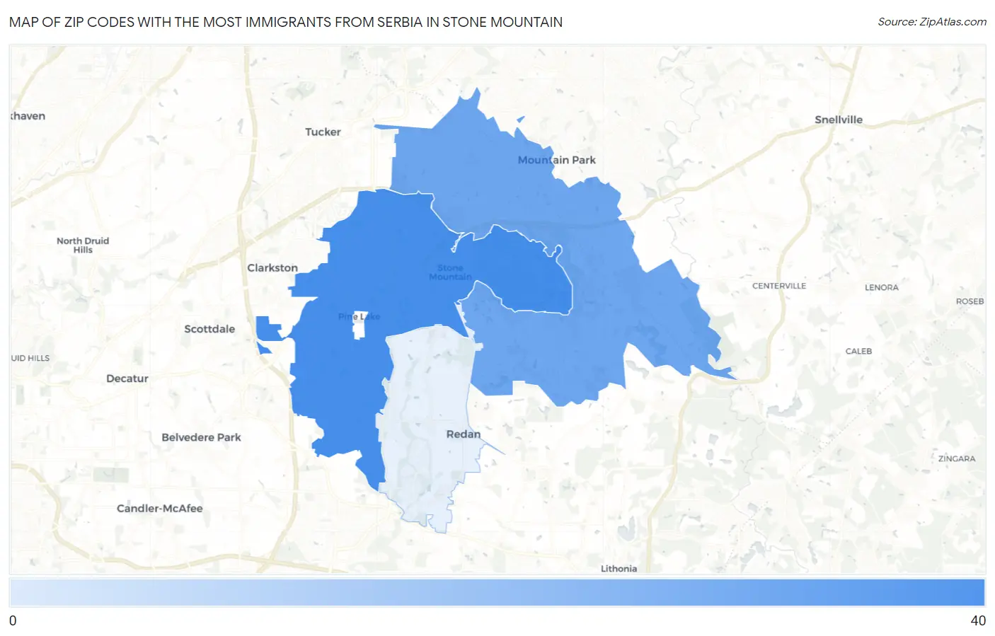 Zip Codes with the Most Immigrants from Serbia in Stone Mountain Map