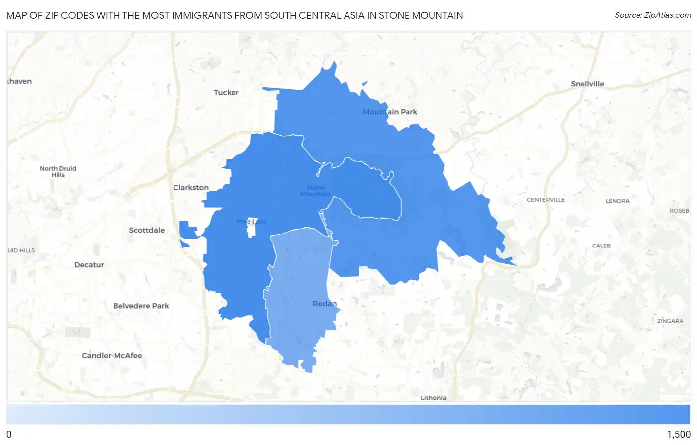 Zip Codes with the Most Immigrants from South Central Asia in Stone Mountain Map
