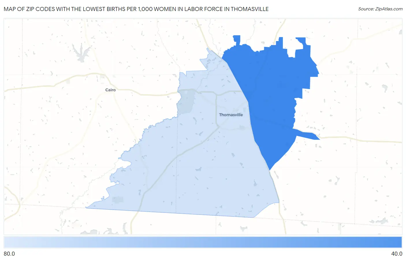 Zip Codes with the Lowest Births per 1,000 Women in Labor Force in Thomasville Map
