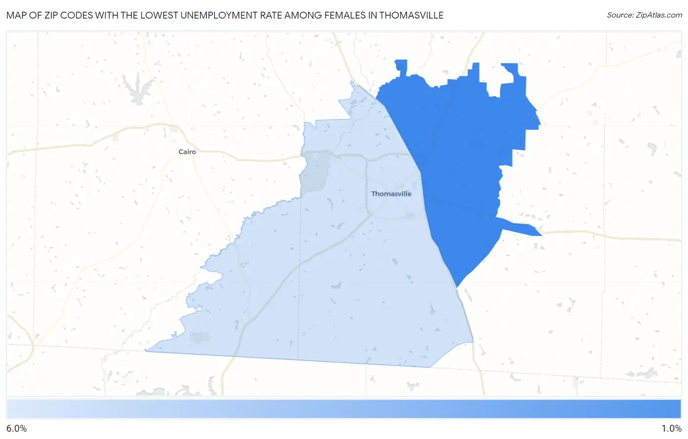 Zip Codes with the Lowest Unemployment Rate Among Females in Thomasville Map
