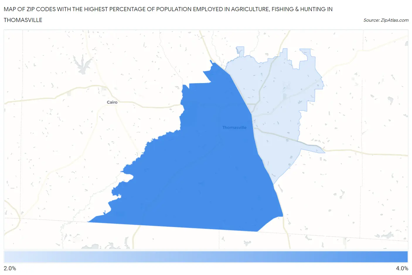 Zip Codes with the Highest Percentage of Population Employed in Agriculture, Fishing & Hunting in Thomasville Map