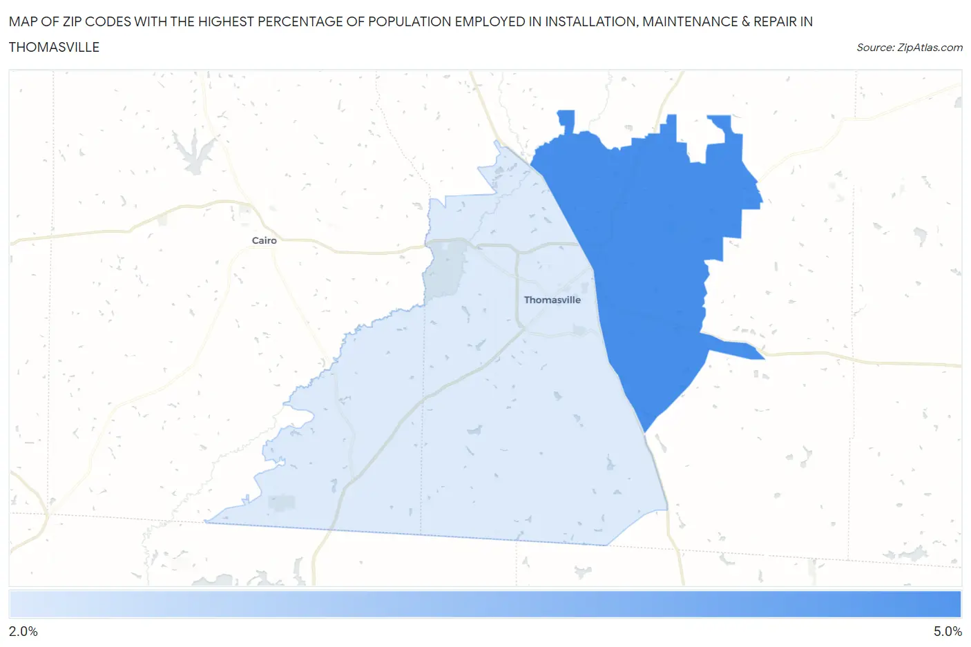 Zip Codes with the Highest Percentage of Population Employed in Installation, Maintenance & Repair in Thomasville Map