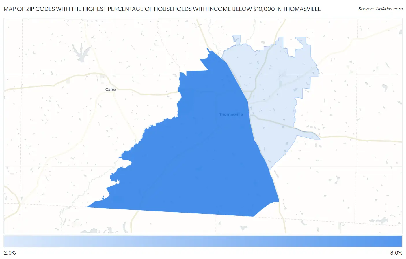 Zip Codes with the Highest Percentage of Households with Income Below $10,000 in Thomasville Map
