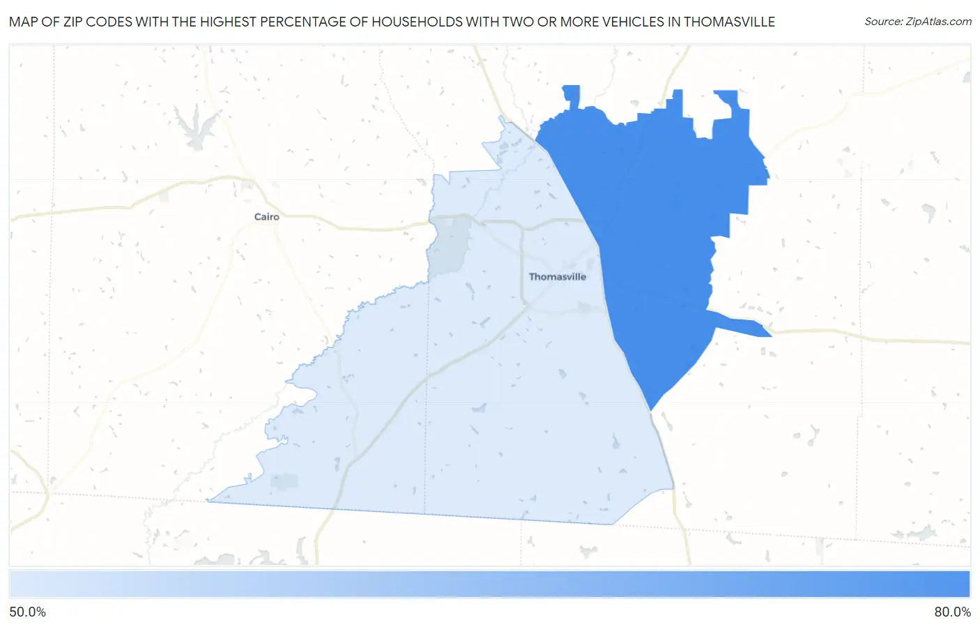 Zip Codes with the Highest Percentage of Households With Two or more Vehicles in Thomasville Map