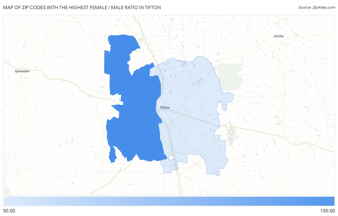 Zip Codes with the Highest Female / Male Ratio in Tifton Map