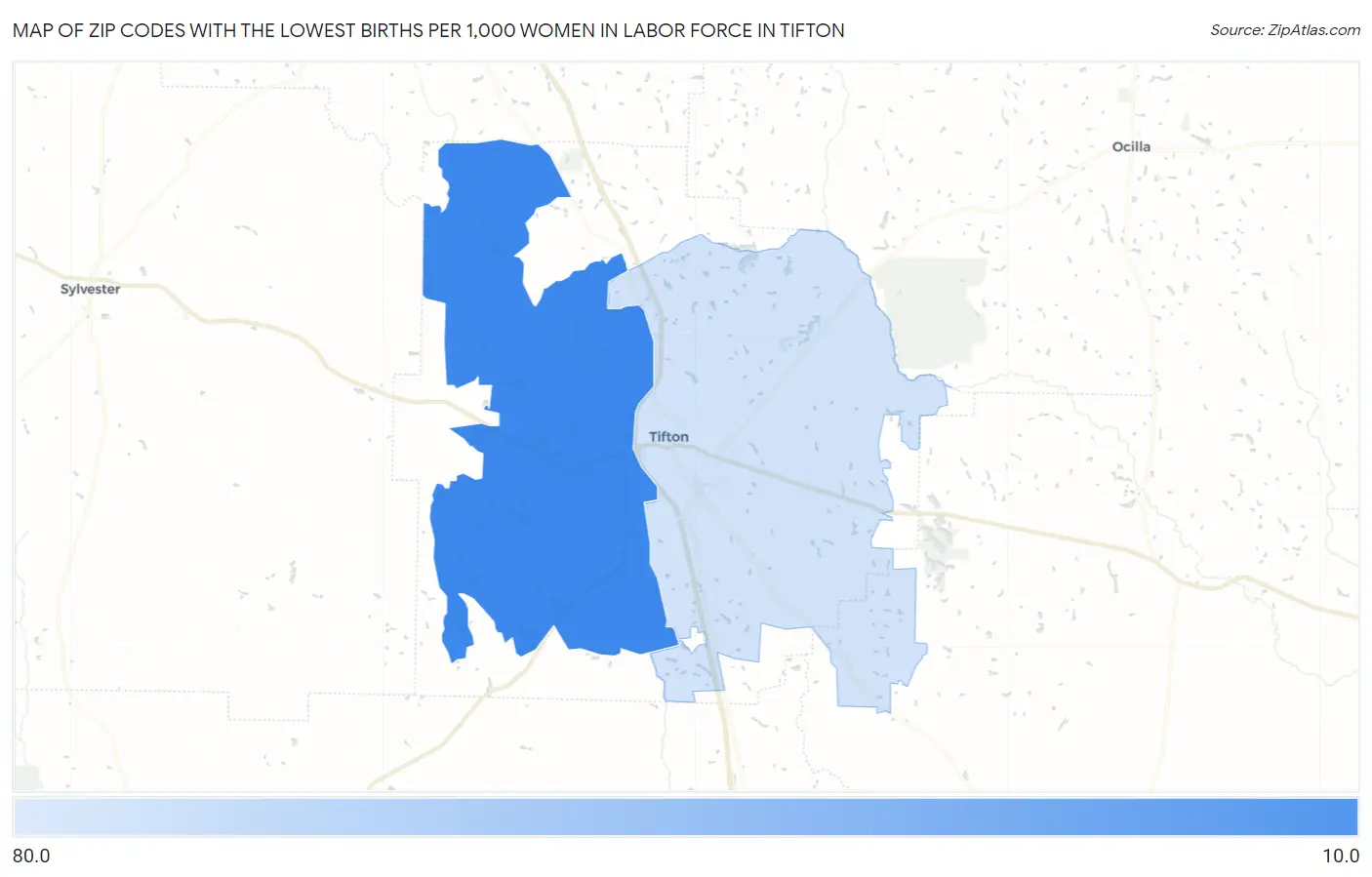 Zip Codes with the Lowest Births per 1,000 Women in Labor Force in Tifton Map