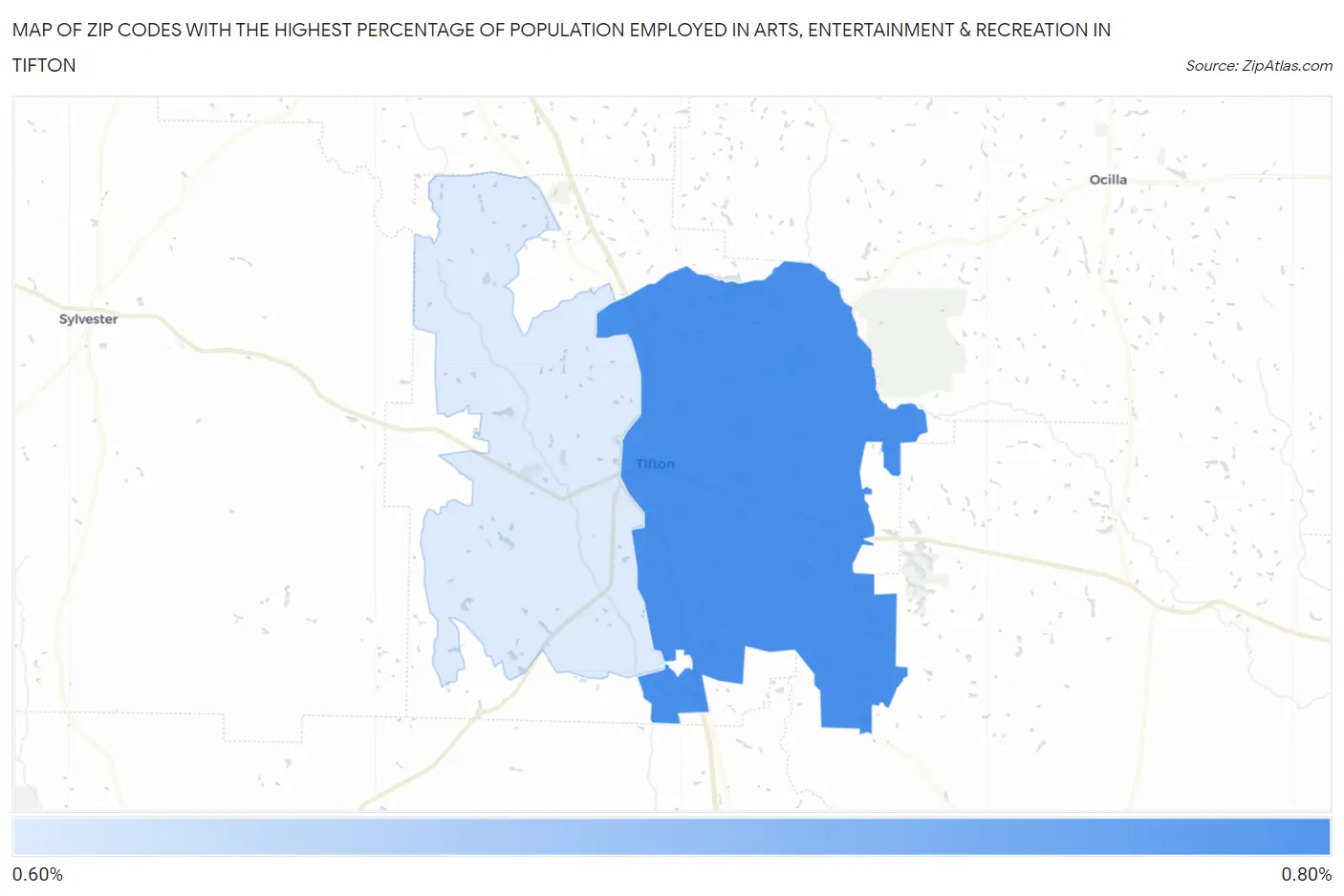 Zip Codes with the Highest Percentage of Population Employed in Arts, Entertainment & Recreation in Tifton Map