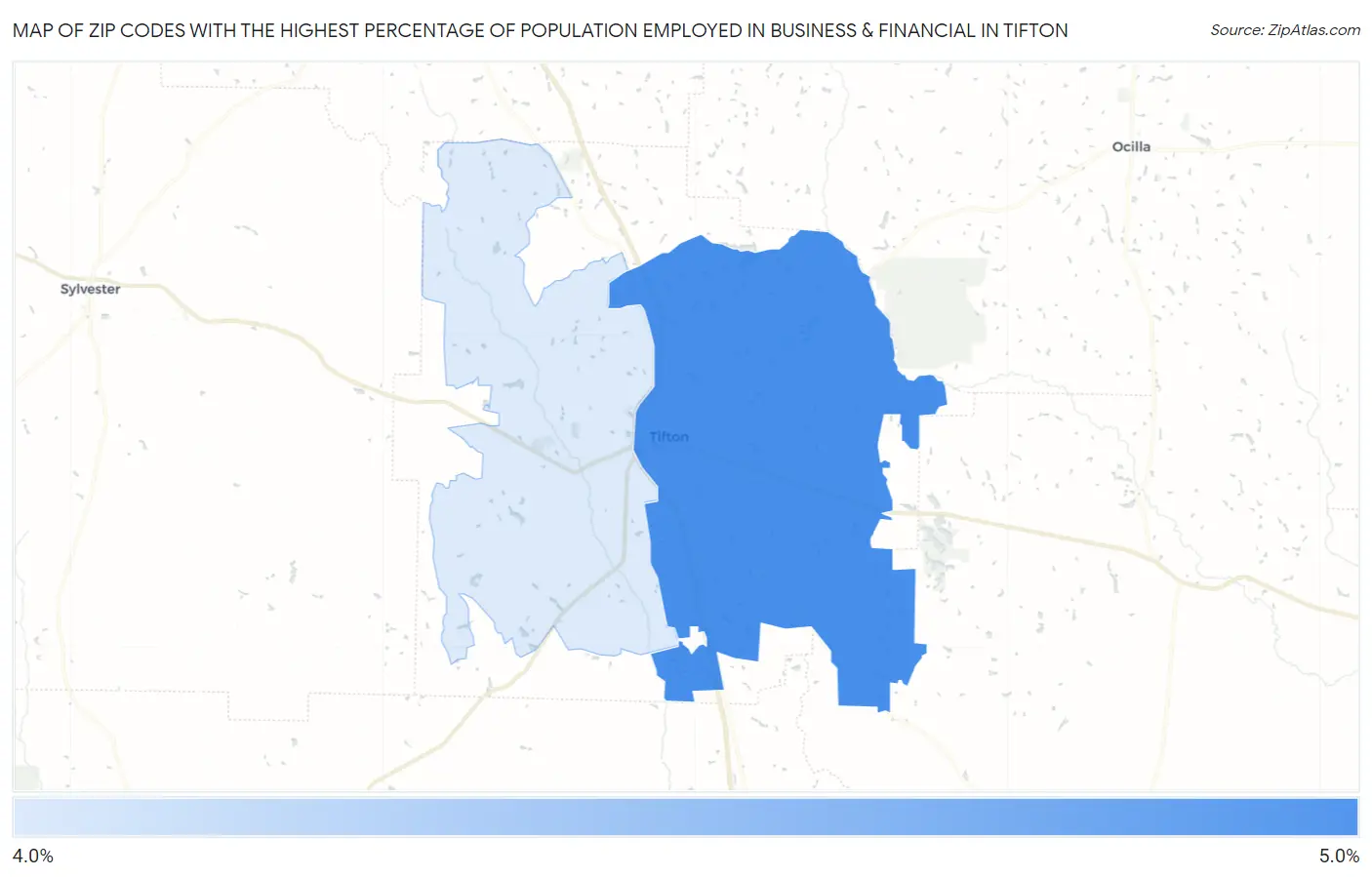 Zip Codes with the Highest Percentage of Population Employed in Business & Financial in Tifton Map