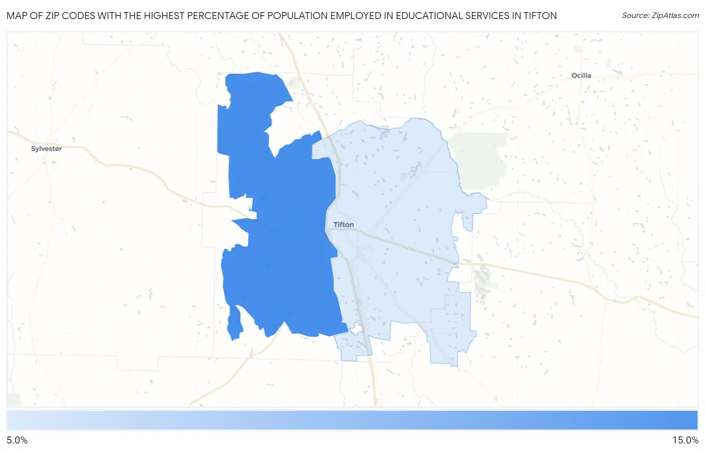 Zip Codes with the Highest Percentage of Population Employed in Educational Services in Tifton Map