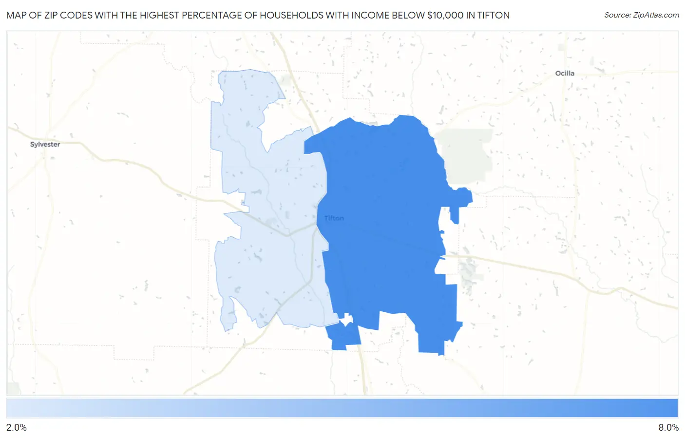 Zip Codes with the Highest Percentage of Households with Income Below $10,000 in Tifton Map
