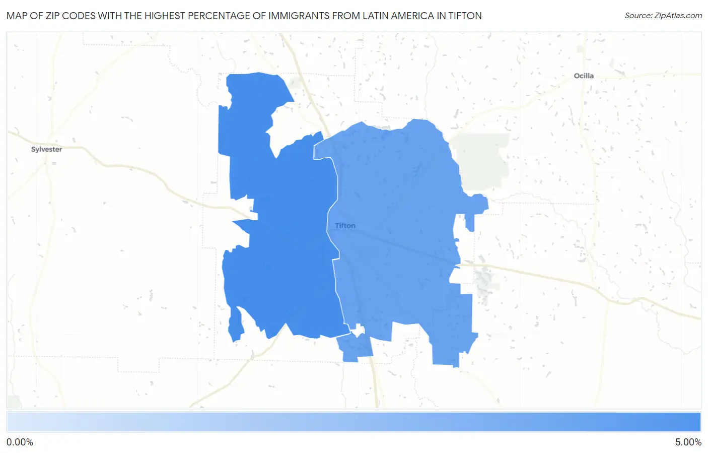 Zip Codes with the Highest Percentage of Immigrants from Latin America in Tifton Map