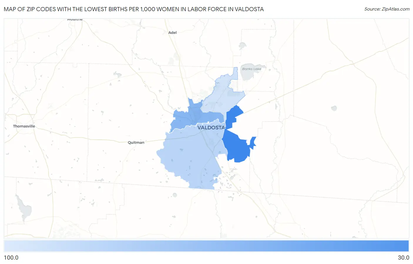 Zip Codes with the Lowest Births per 1,000 Women in Labor Force in Valdosta Map