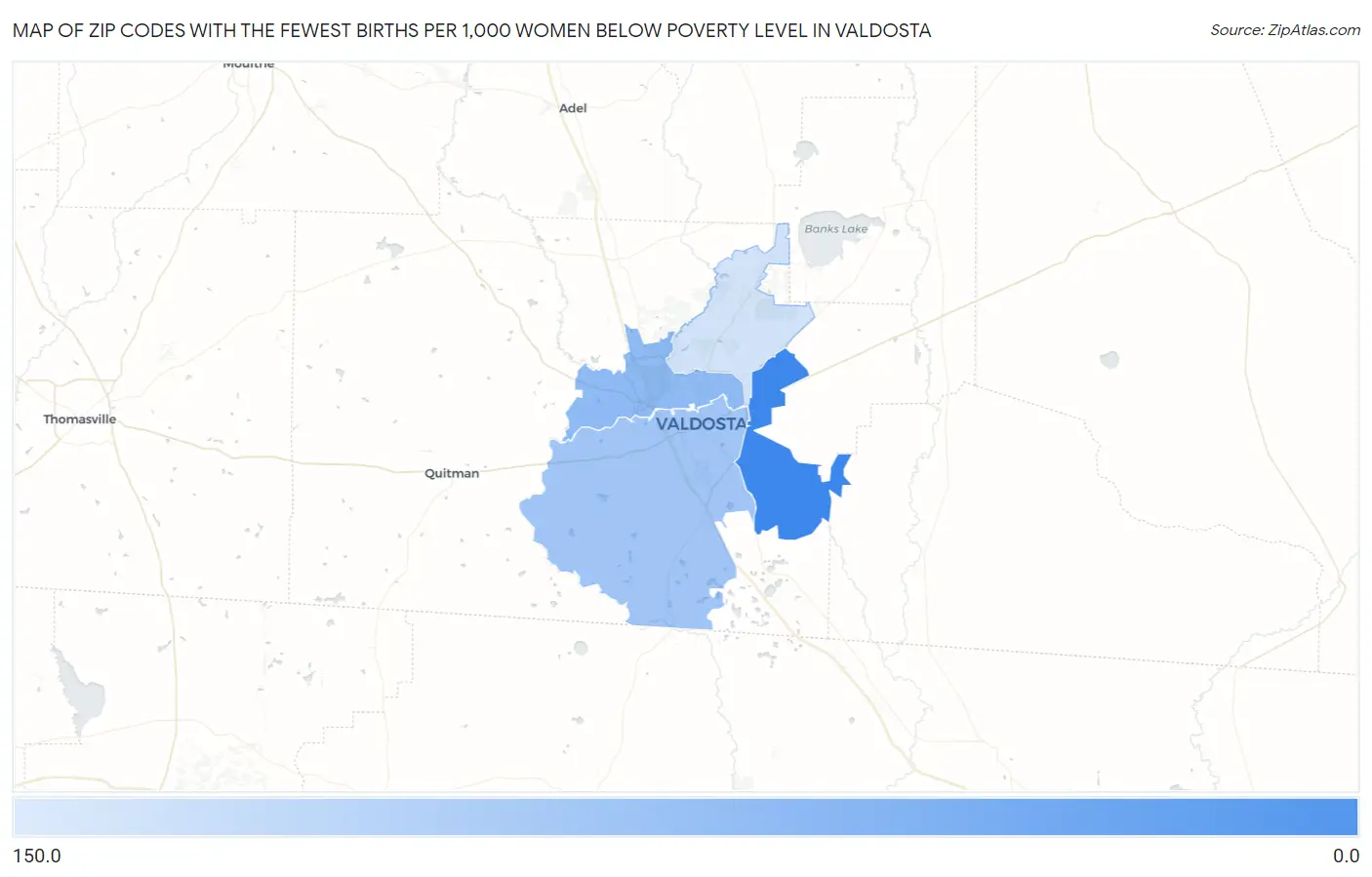 Zip Codes with the Fewest Births per 1,000 Women Below Poverty Level in Valdosta Map