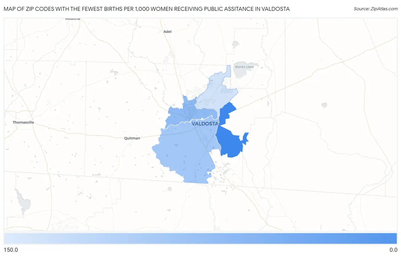 Zip Codes with the Fewest Births per 1,000 Women Receiving Public Assitance in Valdosta Map