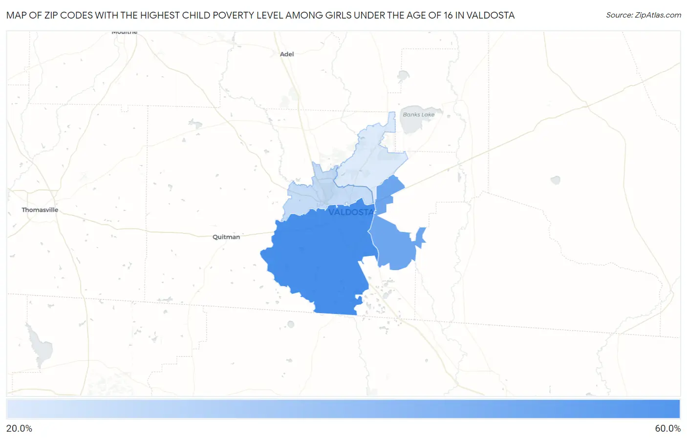 Zip Codes with the Highest Child Poverty Level Among Girls Under the Age of 16 in Valdosta Map