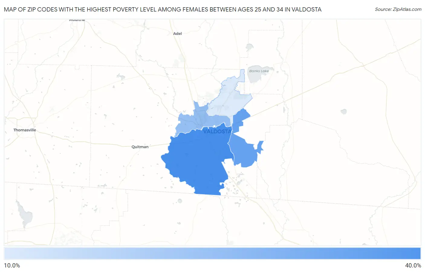 Zip Codes with the Highest Poverty Level Among Females Between Ages 25 and 34 in Valdosta Map