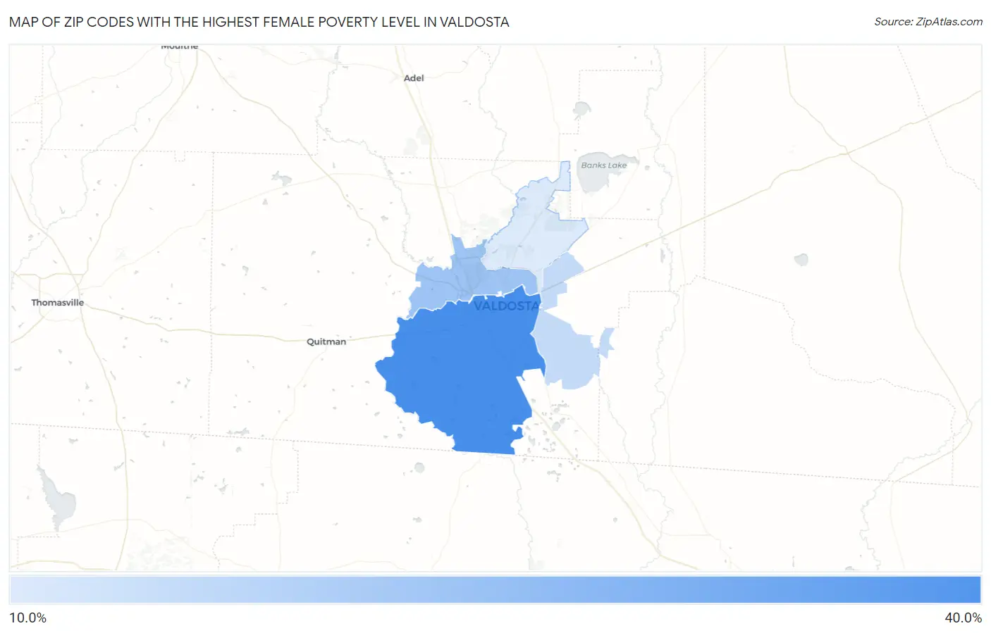 Zip Codes with the Highest Female Poverty Level in Valdosta Map