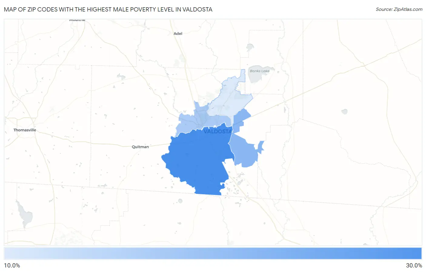 Zip Codes with the Highest Male Poverty Level in Valdosta Map