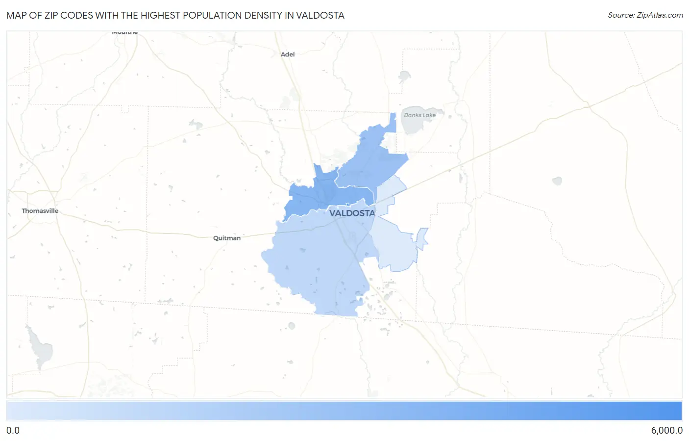 Zip Codes with the Highest Population Density in Valdosta Map