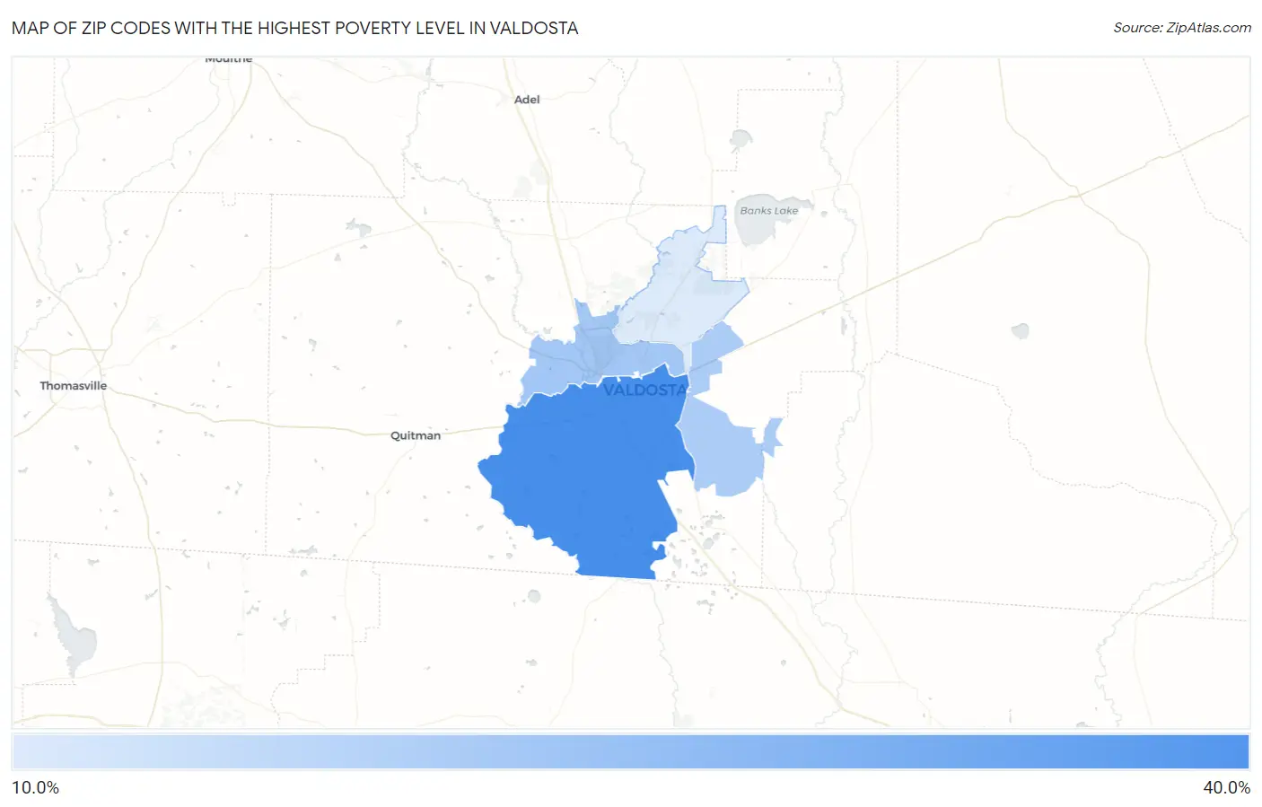 Zip Codes with the Highest Poverty Level in Valdosta Map
