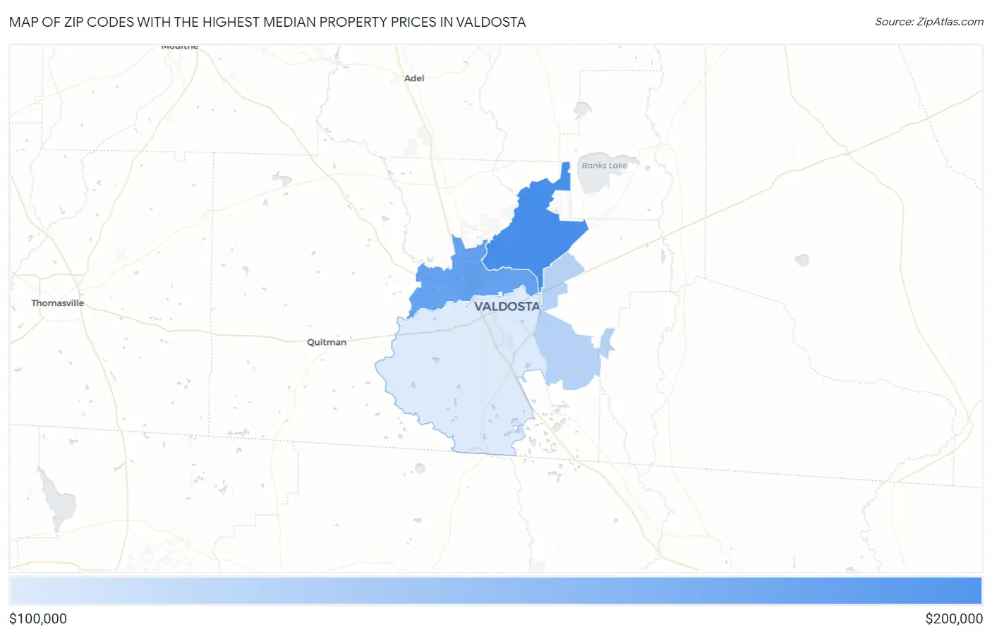 Zip Codes with the Highest Median Property Prices in Valdosta Map
